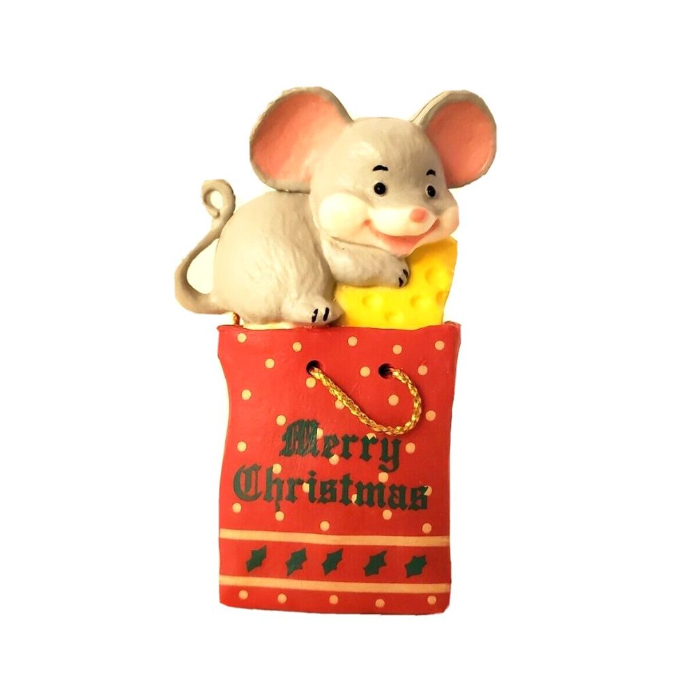 Merry Christmas MOUSE in Bag Hard Plastic Loose Hanging Ornament or Figurine EUC